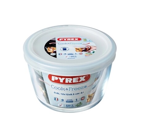 Vas rotund cu capac, Pyrex, 0.6 L, sticla termorezistenta