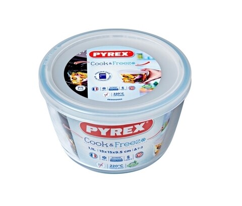 Vas rotund cu capac, Pyrex, 1.1 L, sticla termorezistenta