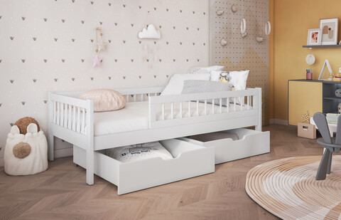 Pat pentru camera copilului Flores, Meblobed, 90x200 cm, cu doua sertare, lemn de pin, alb