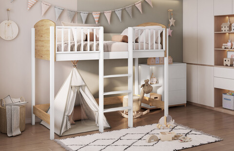 Pat supraetajat pentru camera copilului Evita, Meblobed, 90x200 cm, lemn de pin/PAL, alb/stejar shetland