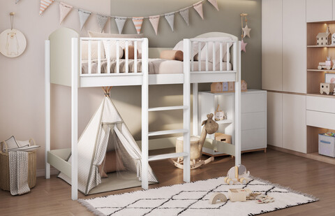 Pat supraetajat pentru camera copilului Evita, Meblobed, 90x200 cm, lemn de pin/PAL, alb/casmir