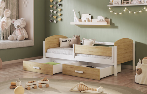 Pat pentru camera copilului Kelly, Meblobed, 90x200 cm, cu doua sertare, lemn de pin/PAL, alb/stejar shetland