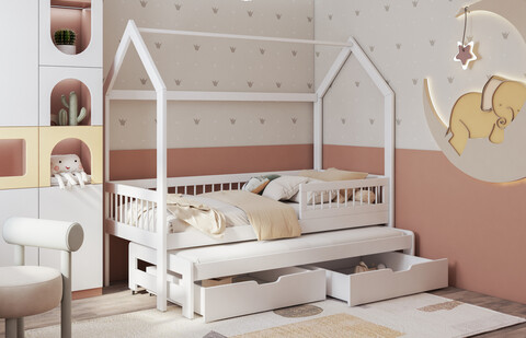 Pat etajat pentru camera copilului Asher, Meblobed, 90x200 cm, cu doua sertare, lemn de pin, alb