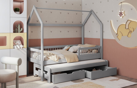 Pat etajat pentru camera copilului Asher, Meblobed, 90x200 cm, cu doua sertare, lemn de pin, gri