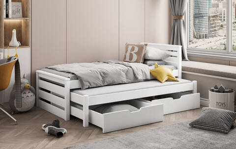 Pat etajat pentru camera copilului Calwin, Meblobed, 90x200 cm, cu doua sertare, lemn de pin, alb