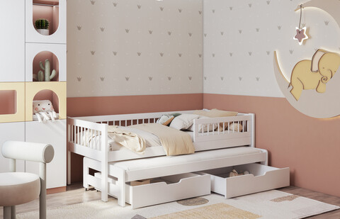 Pat etajat pentru camera copilului Orion, Meblobed, 90x200 cm, cu doua sertare, lemn de pin, alb