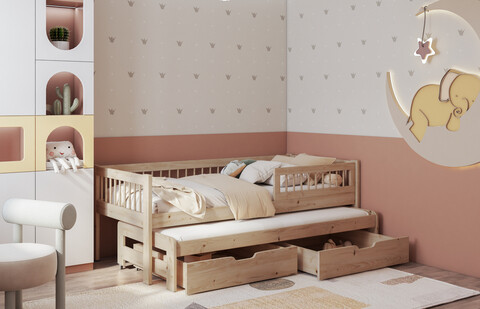 Pat etajat pentru camera copilului Orion, Meblobed, 90x200 cm, cu doua sertare, lemn de pin, maro