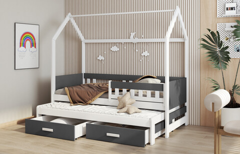Pat etajat pentru camera copilului Jasper, Meblobed, 90x200 cm, cu doua sertare, lemn de pin/PAL, alb/antracit