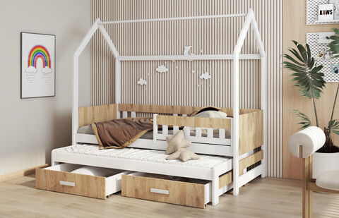 Pat etajat pentru camera copilului Jasper, Meblobed, 90x200 cm, cu doua sertare, lemn de pin/PAL, alb/stejar shetland