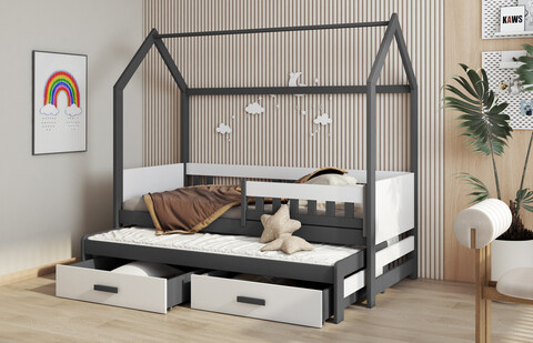 Pat etajat pentru camera copilului Jasper, Meblobed, 90x200 cm, cu doua sertare, lemn de pin/PAL, grafit/alb