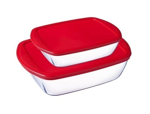 2 db téglalap alakú fedéllel ellátott edény, Pyrex, Cook-Store, 1,1 L / 2,5 L, hőálló üveg / műanyag, piros