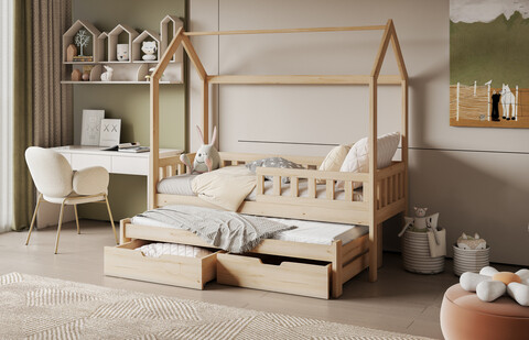 Pat etajat pentru camera copilului Tymon, Meblobed, 90x200 cm, cu doua sertare, lemn de pin, maro