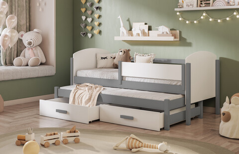 Pat etajat pentru camera copilului Owen, Meblobed, 90x200 cm, cu doua sertare, lemn de pin/PAL, gri/alb