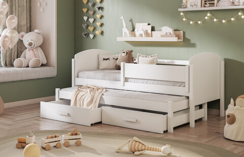 Pat etajat pentru camera copilului Owen, Meblobed, 90x200 cm, cu doua sertare, lemn de pin/PAL, alb