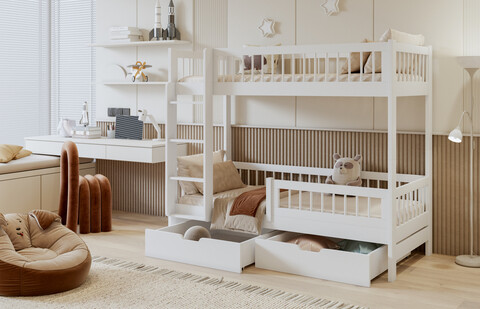 Pat supraetajat pentru camera copilului Coen, Meblobed, 80x180 cm, lemn de pin, alb