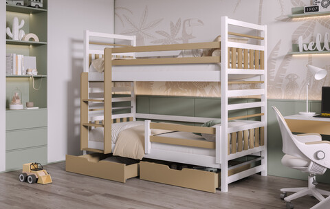 Pat supraetajat pentru camera copilului Miromir, Meblobed, 80x180 cm, lemn de pin, alb/cappuccino