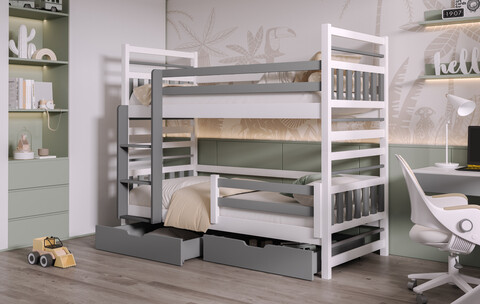 Pat supraetajat pentru camera copilului Miromir, Meblobed, 80x180 cm, lemn de pin, alb/gri