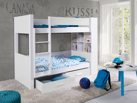 Pat supraetajat pentru camera copilului Gaspar, Meblobed, 90x200 cm, lemn de pin/PAL, alb