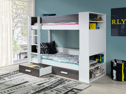 Pat supraetajat pentru camera copilului Gaspar, Meblobed, 90x200 cm, lemn de pin/PAL, alb/zebrano