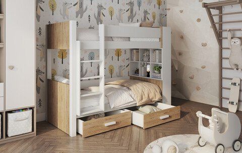 Pat supraetajat pentru camera copilului Gaspar, Meblobed, 90x200 cm, lemn de pin/PAL, alb/stejar shetland
