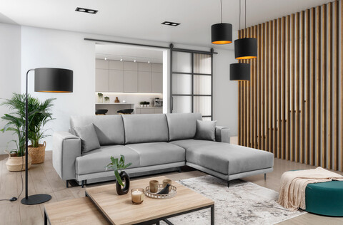 Coltar extensibil dreapta 4 locuri ELTAP, RT-03NU, Dalia, 289x190x95 cm, lemn/poliester, gri deschis