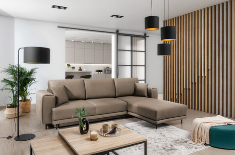 Coltar extensibil dreapta 4 locuri ELTAP, RT-20NU, Dalia, 289x190x95 cm, lemn/poliester, maro deschis