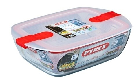 Vas rectangular cu capac, Pyrex, Cook&Heat, 2.5 L, sticla termorezistenta/plastic