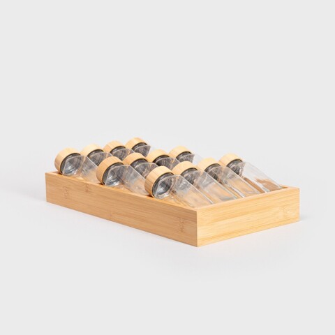 Set 12 recipiente pentru condimente si suport Forcina, Homla, 110 ml, 40x20x11 cm, bambus/sticla, natur/transparent