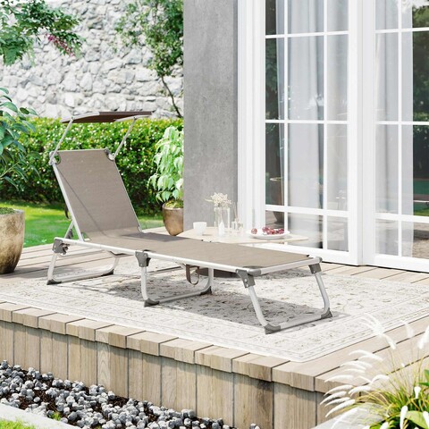 Sezlong pliabil cu parasolar, Songmics, 55x193x31 cm, max 150 kg, aluminiu/tesatura sintetica, maro