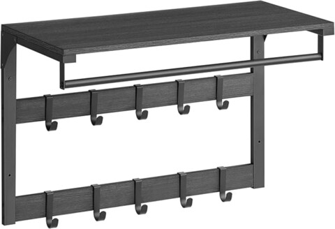 Cuier de perete cu 10 agatatori, Vasagle, 66x30x42 cm, PAL/otel, gri carbune/negru