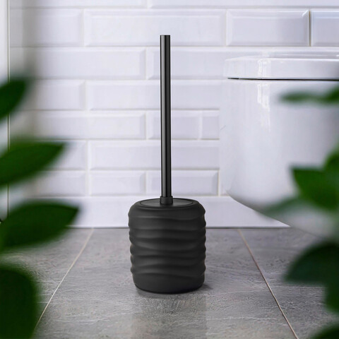 Perie pentru toaleta cu suport Illana, Wenko, 8.5x38.5 cm, ceramica/silicon/inox, negru