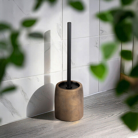 Perie pentru toaleta cu suport Tremea, Wenko, 11.5x37.5 cm, ceramica/inox, bronz/negru