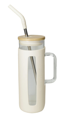 Cana cu maner si pai, Slim White, Brandani, 8x21.5 cm, sticla/silicon/bambus