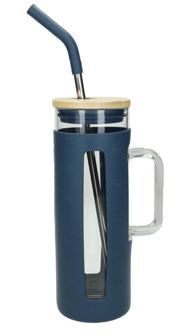 Cana cu maner si pai, Slim Petrol, Brandani, 8x21.5 cm, sticla/silicon/bambus