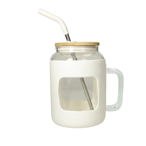Cana cu maner si pai, Curvy White, Brandani, 12.5x18.5 cm, sticla/silicon/bambus