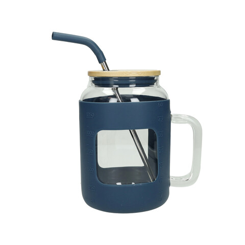 Cana cu maner si pai, Curvy Petrol, Brandani, 12.5x18.5 cm, sticla/silicon/bambus