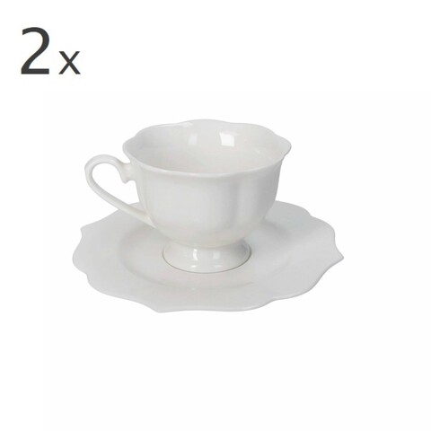 Set 2 cesti cu farfurie pentru ceai, Queen, Brandani, 15.5x6.5 cm, portelan New Bone China