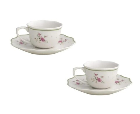 Set 2 cesti cu farfurie pentru cafea, Nonna Rosa v2, Brandani, 14x6.5 cm, portelan
