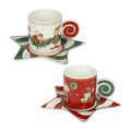 Set 2 cesti cu farfurie pentru cafea, Elfomagia White Red, Brandani, 12.5x12.5x6 cm, portelan New Bone China