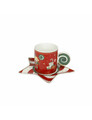 Set 2 cesti cu farfurie pentru cafea, Elfomagia White Red, Brandani, 12.5x12.5x6 cm, portelan New Bone China