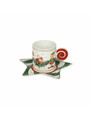 Set 2 cesti cu farfurie pentru cafea, Elfomagia White Red, Brandani, 12.5x12.5x6 cm, portelan New Bone China