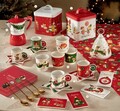 Set 2 cesti cu farfurie pentru cafea, Elfomagia White Red, Brandani, 12.5x12.5x6 cm, portelan New Bone China