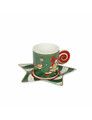 Set 2 cesti cu farfurie pentru cafea, Elfomagia White Green, Brandani, 12.5x12.5x6 cm, portelan New Bone China