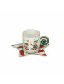 Set 2 cesti cu farfurie pentru cafea, Elfomagia White Green, Brandani, 12.5x12.5x6 cm, portelan New Bone China