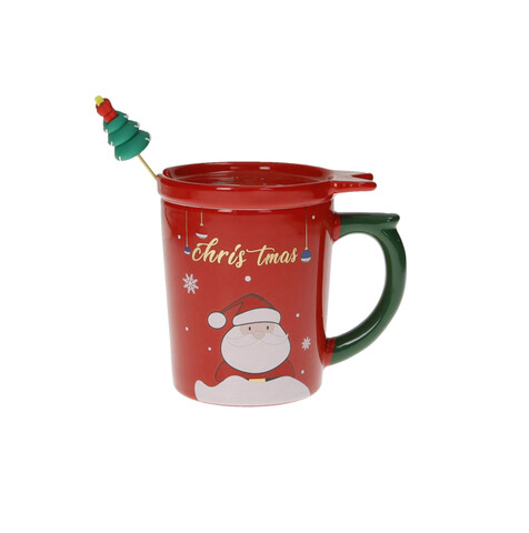 Cana cu capac si lingurita, Tree Red Gold, Brandani, 9x11 cm, portelan New Bone China