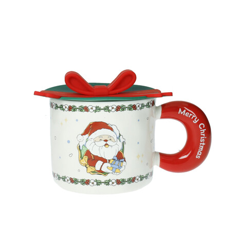Cana cu capac, Ribbon Santa Claus, Brandani, 9.5x8.5 cm, portelan New Bone China