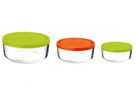 Set 3 caserole Frigoverre, Bormioli, 1250 ml/740 ml/340 ml, sticla, verde/portocaliu