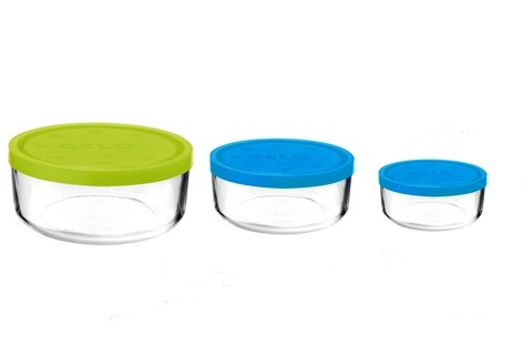 Set 3 caserole Frigoverre, Bormioli, 1250 ml/740 ml/340 ml, sticla, verde/albastru