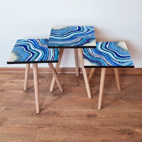 Set masute 3 piese, Leona, 3Shp290, MDF , Bleumarin / Albastru / Alb / Mov