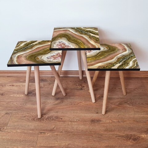Set masute 3 piese, Leona, 3Shp296, MDF , Maro / Bej / Auriu